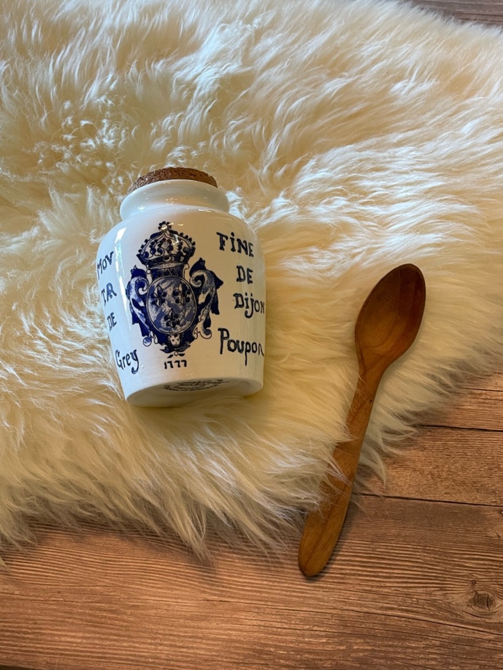 Vintage French Mustard Ironstone Jar & tiny wood spoon